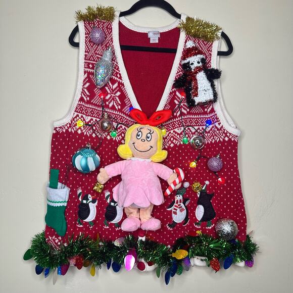 Ugly Christmas Sweater Singing Cindy Lou LIGHTS UP Tinsel Xmas Party Winner - Picture 1 of 5